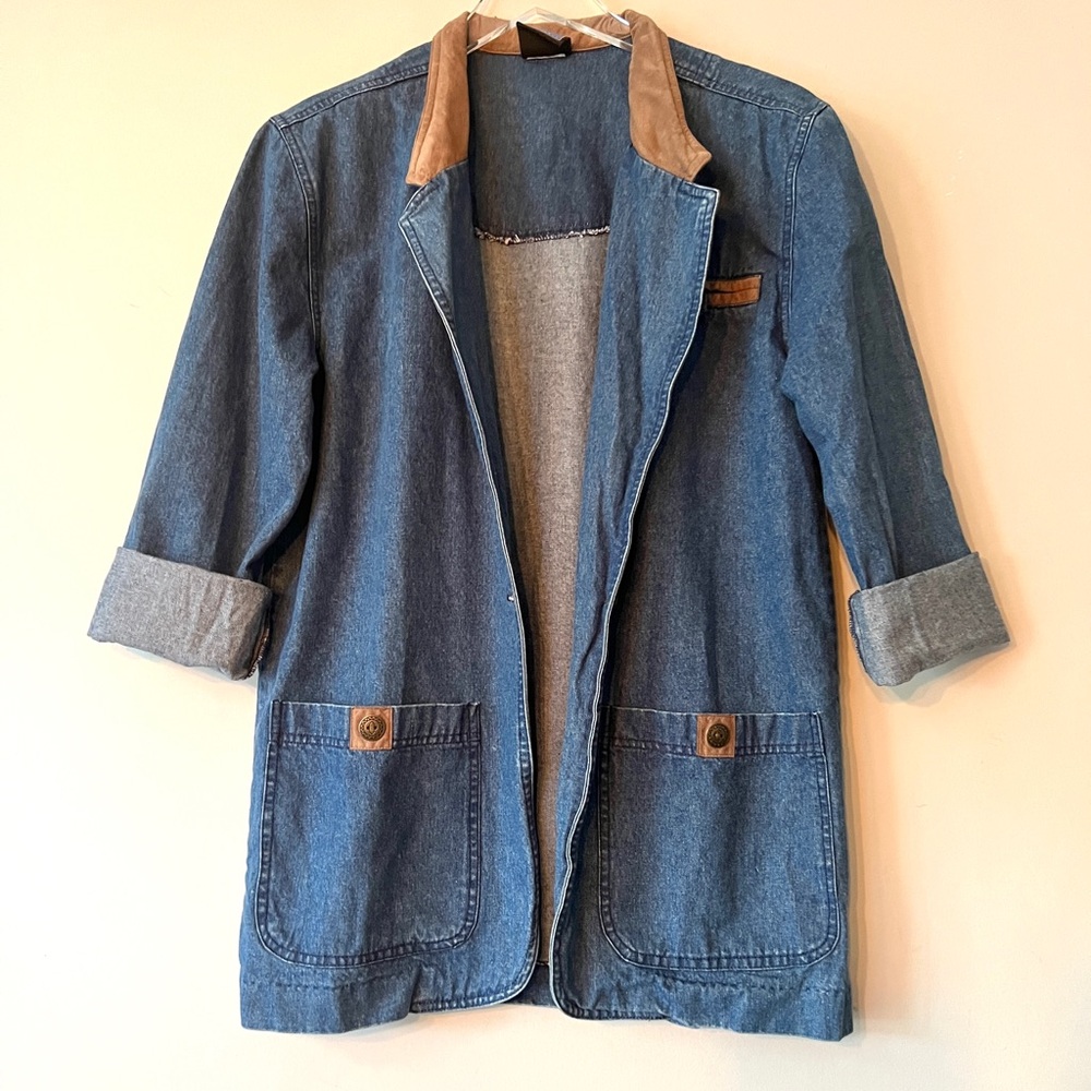 Vintage 80s Jantzen Denim Leather Trim Blazer Chore Coat